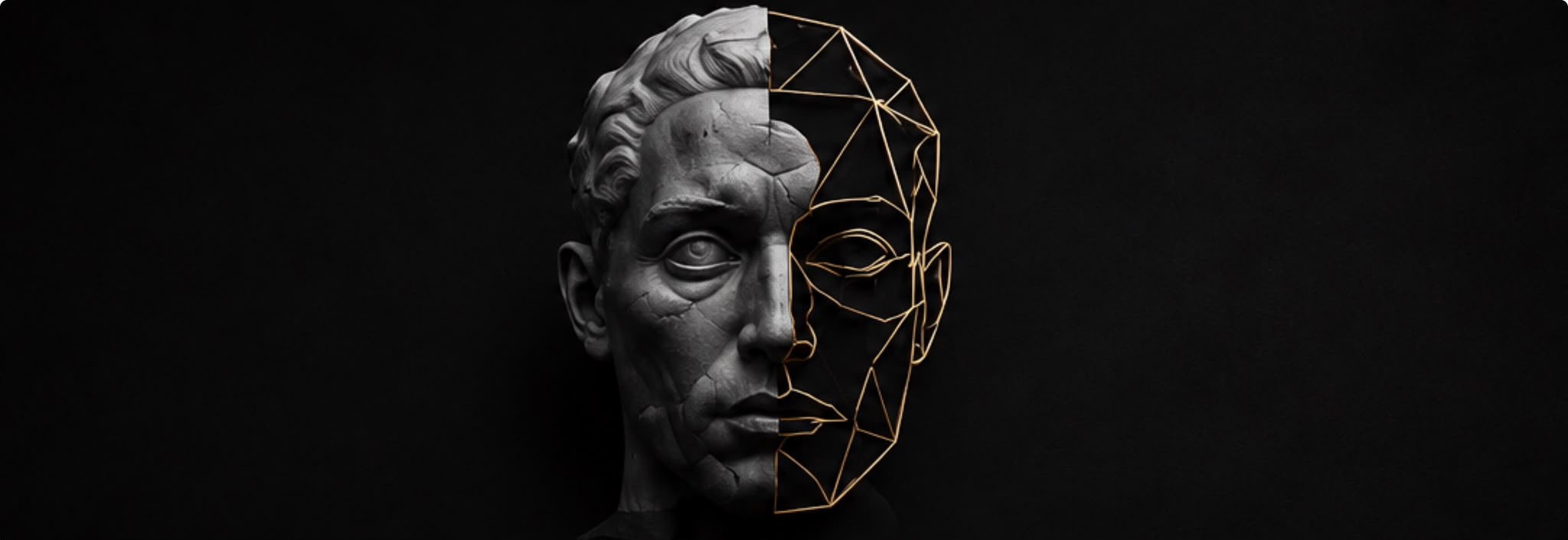 Half classical stone bust, half gold geometric wireframe — signature Memphinox display piece.